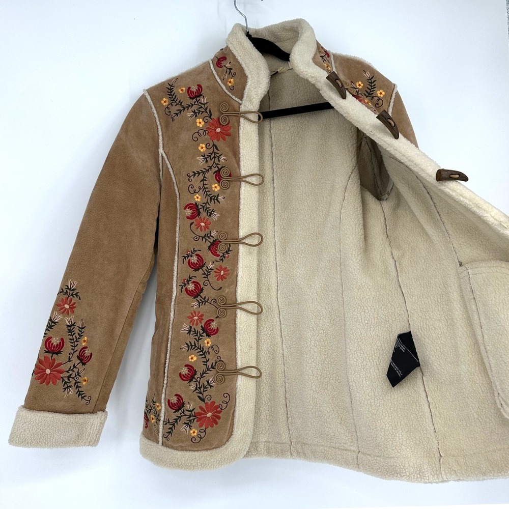 St. John's Bay Tan Suede Embroidered Toggle Coat with Cream Shearling Trim - Picture 8 of 17